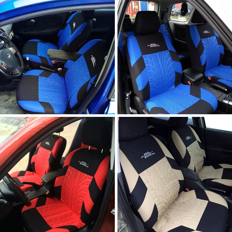 A set of universal car seat covers in various patterns including blue, black, and red designs.