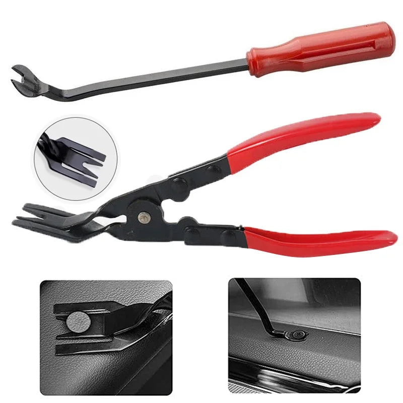 A set of precision plastic trim and rivet removal tools including pliers and a specialized tool for automotive work.
