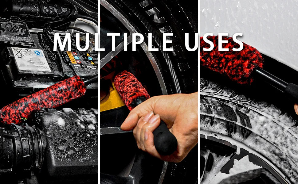 Three wool cleaning brushes used for multiple detailing purposes on a vehicle surface.