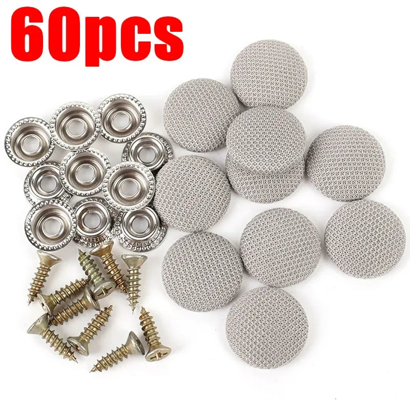 A set of 60 round, silver and gray plastic fixing buckles and screws for universal car interior roof installation.