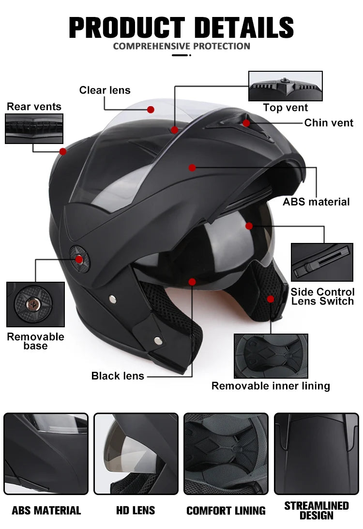 A black DOT certified double lens flip-up motorcycle helmet showing various components like clear and black lenses, ABS mater