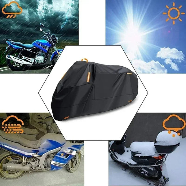 Black all-season motorcycle cover protecting a blue motorcycle in outdoor conditions.