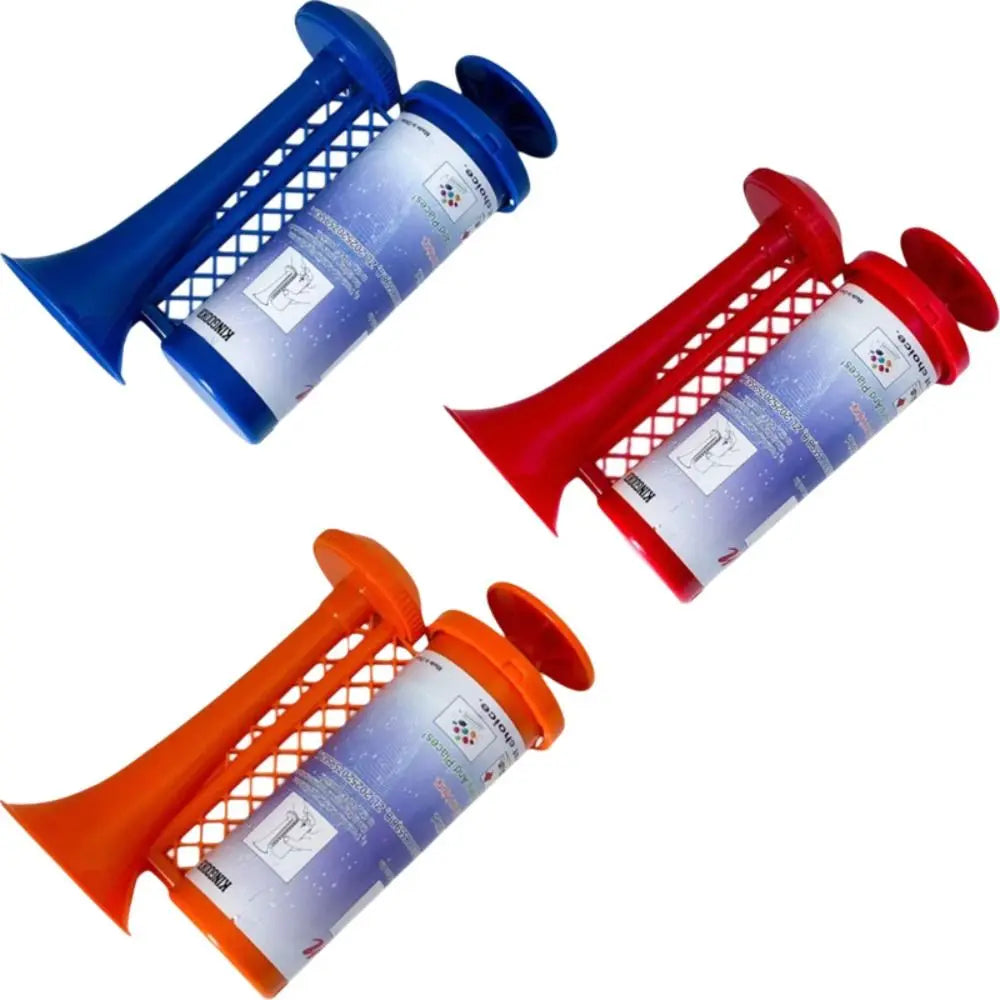 Three portable air horns in blue, red, and orange for vehicle alarms