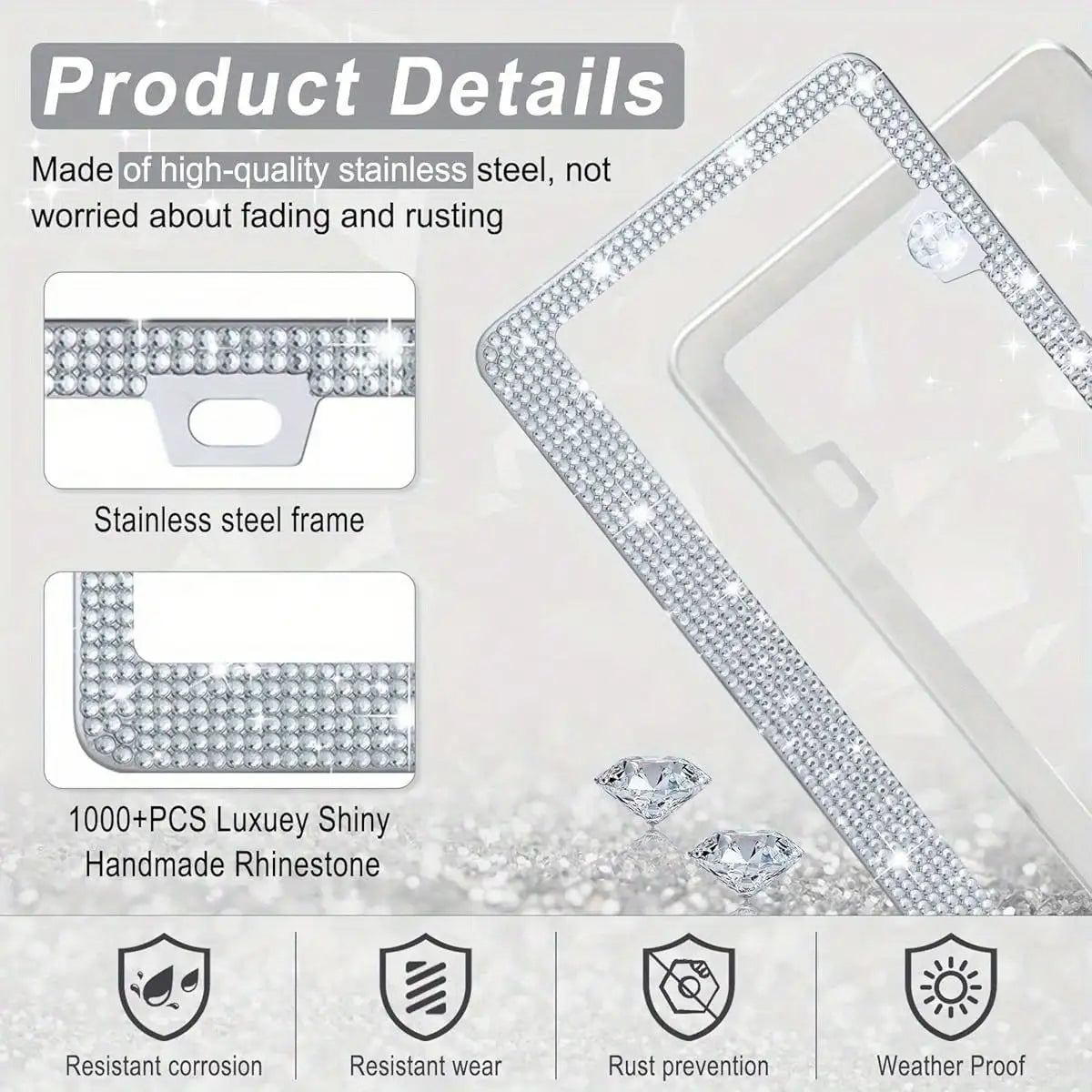A silver rhinestone license plate frame made of stainless steel with a decorative design.