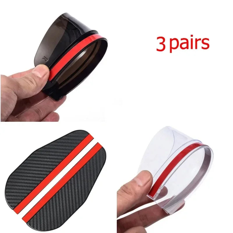 Three pairs of black carbon fiber car rain visors for rearview mirrors.