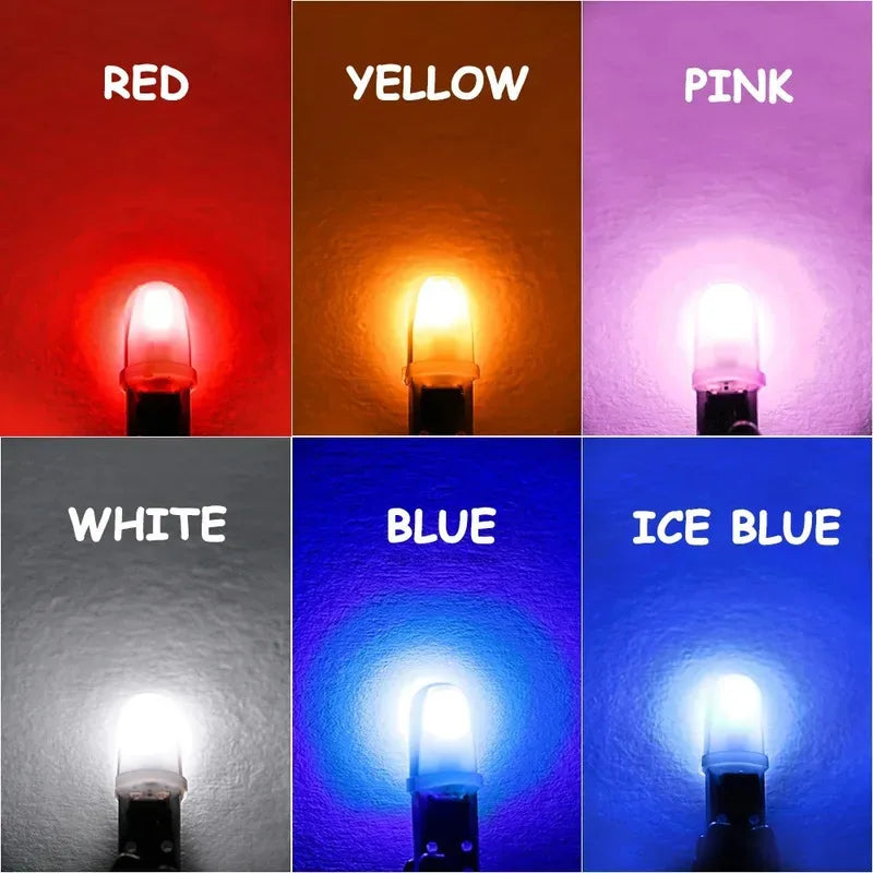 A grid showing various colored T5 LED bulbs including red, yellow, pink, white, blue, and ice blue.