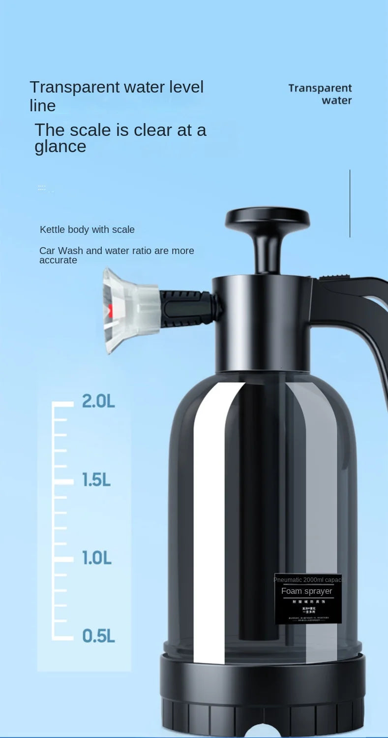 A black hand pump foam sprayer bottle with a transparent water level line and a nozzle, used for car and window cleaning.
