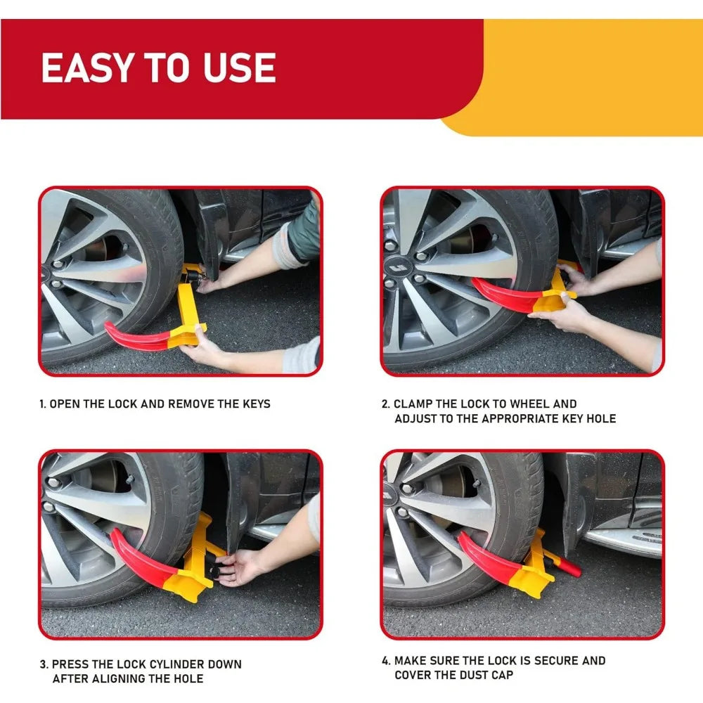 Instructions for using a heavy duty adjustable tire lock to secure a vehicle wheel.