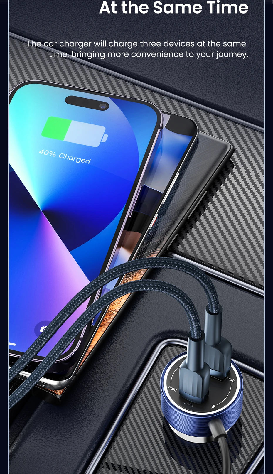 A high-power car charger is shown charging three smartphones simultaneously in a protective case.