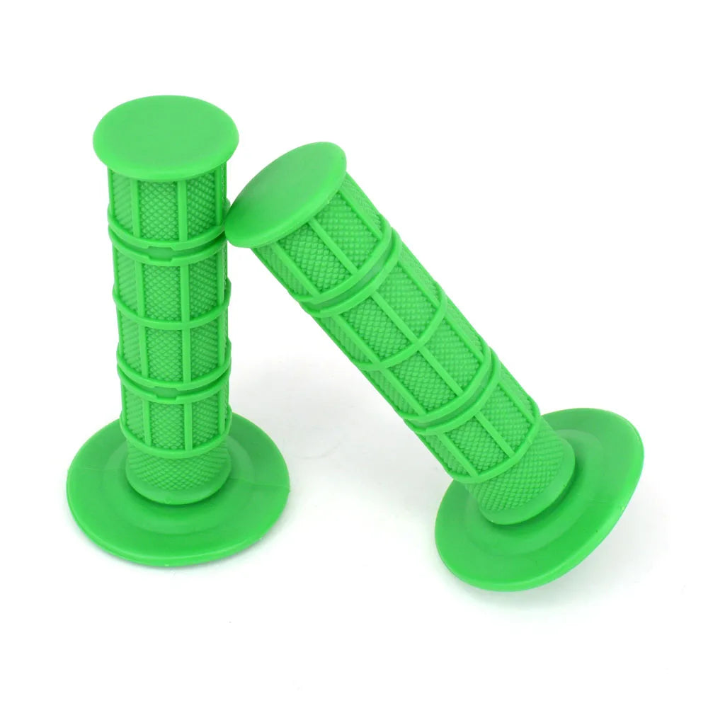 A pair of bright green silicone handle bar grips for motorcycles, shown from the side.