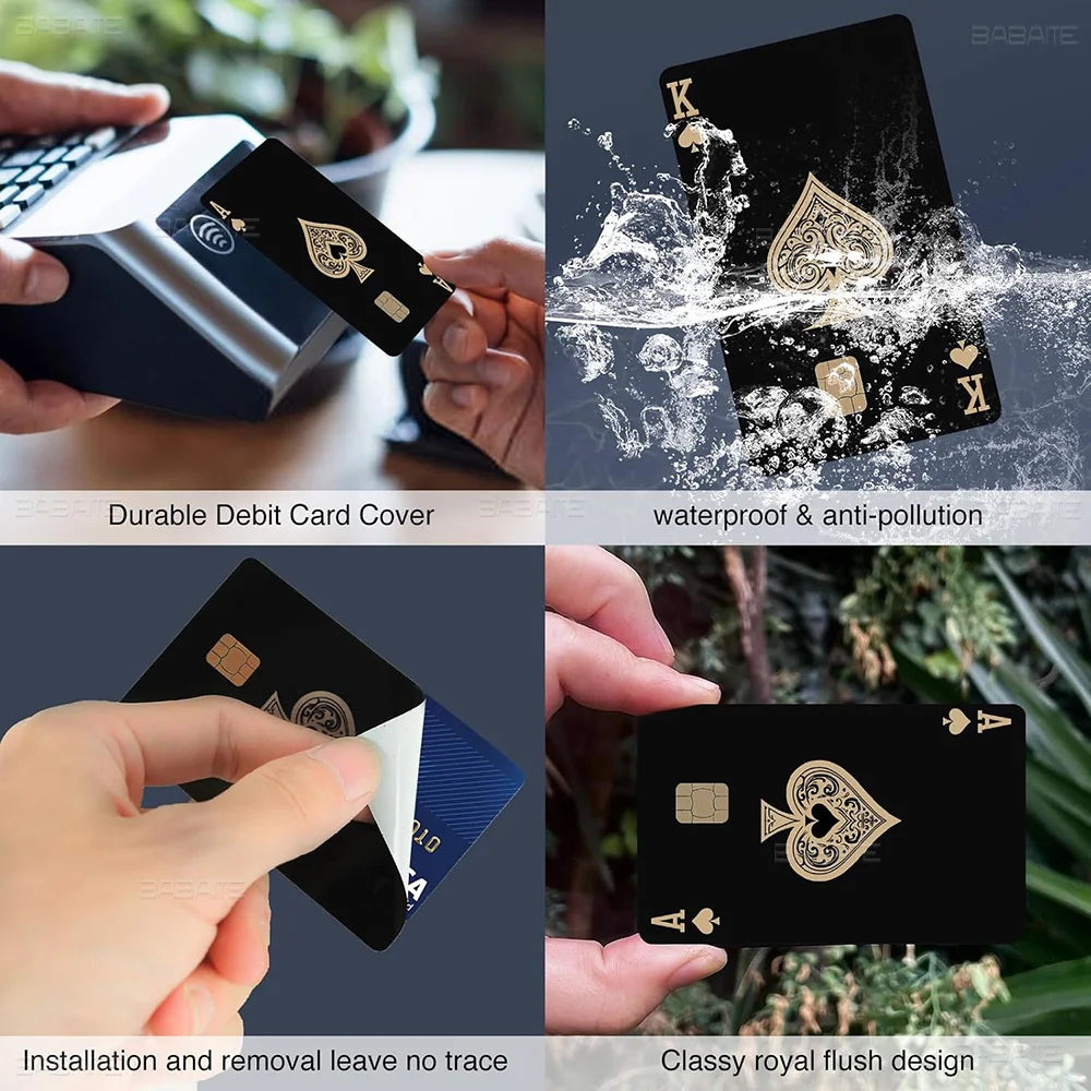 Demon dodge card sticker film showing a black debit card cover and a royal flush design