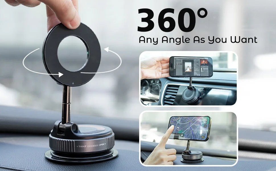 A hand holds a 360 degree magnetic phone holder device used to mount a smartphone for viewing.