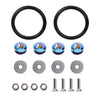 Set of black billet aluminum quick release fasteners for bumpers and panels, including rings and bolts.