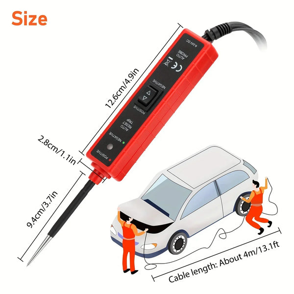 A red professional automotive electrical tester device with a cable shown next to a white car.