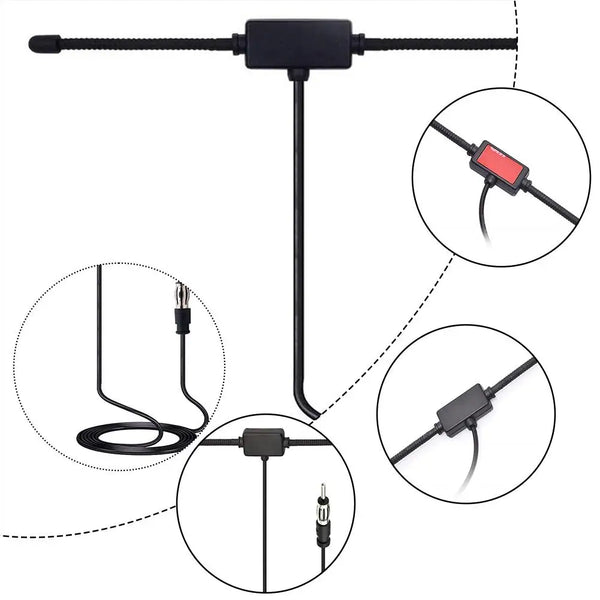 Diagram showing the components of a universal FM/AM car antenna booster including the main unit and various cables.
