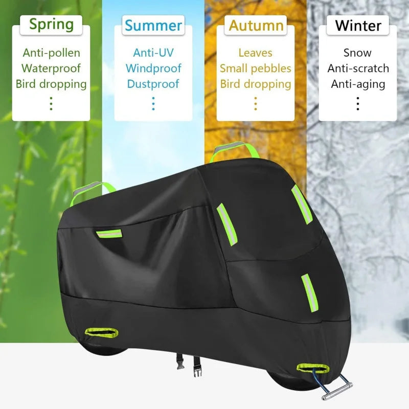 Black universal motorbike UV protection cover shown in a side view with seasonal features listed above.
