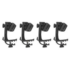 A pack of four black shockproof microphone clips designed for mounting on drums and instruments.