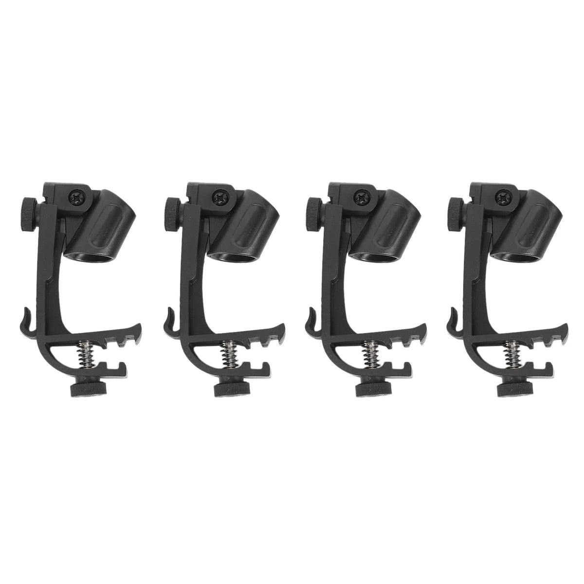 A pack of four black shockproof microphone clips designed for mounting on drums and instruments.