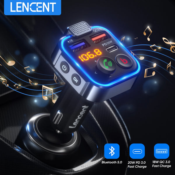 A Lucent Bluetooth car audio transmitter device is shown with a rotating base and features indicators for Bluetooth 5.0 and 2