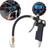 A digital tire pressure gauge with an inflator and quick connect coupler is shown connected to a valve stem.