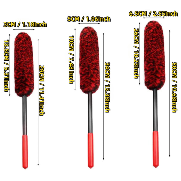 A set of three red detailing brushes with varying lengths and diameters for hard-to-reach areas.