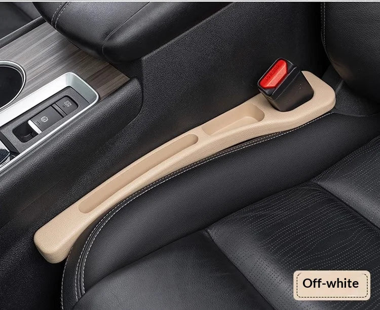 A beige gap plug strip is installed in the black leather car seat for protection.