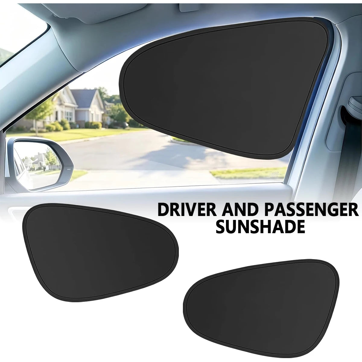 A set of black driver and passenger sunshades for a car windshield.