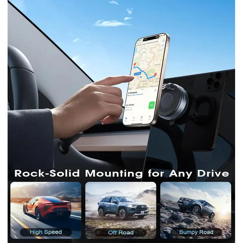 A hand holds a smartphone mounted on a rock-solid magnetic holder inside a car, demonstrating its use for driving.