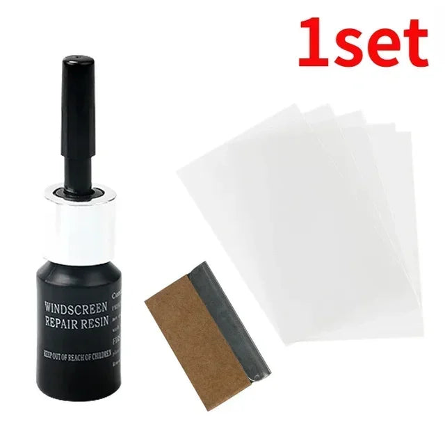 A set of windshield repair resin and adhesive materials for cracks.
