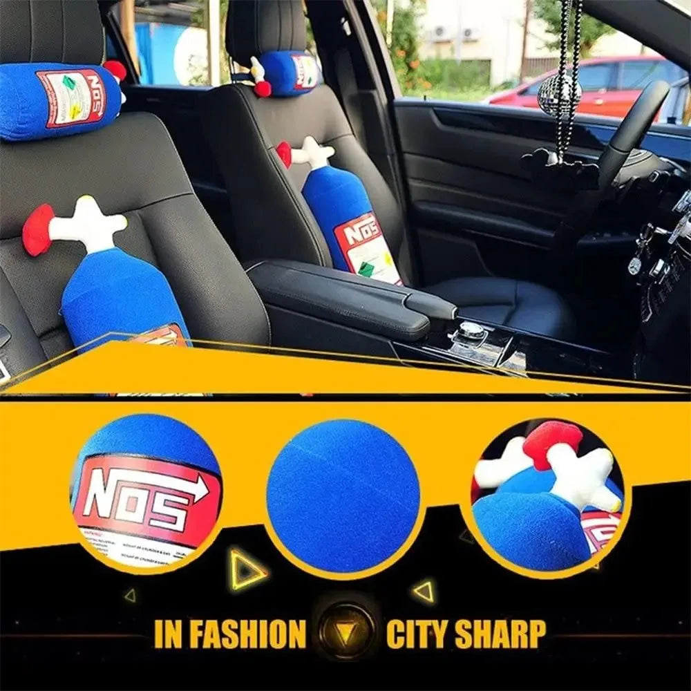 A set of blue and red car neck and lumbar pillows for a vehicle interior.