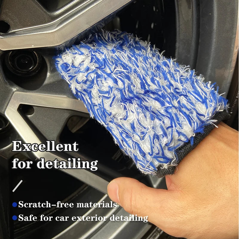 A blue and white microfiber wash mitt is shown being held, suitable for scratch-free car exterior detailing.