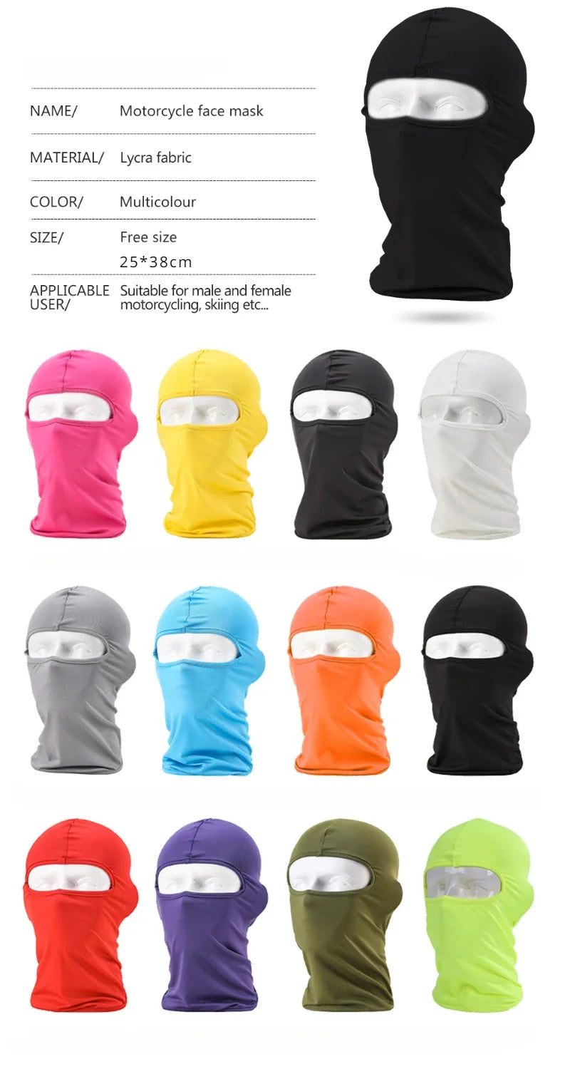 A variety of colorful and black motorcycle face masks or balaclavas shown in different shades like pink, yellow, white, gray,