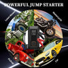 A multi-function jump starter and air compressor kit is shown with images of a lawn mower, motorcycle, pickup truck, and car.