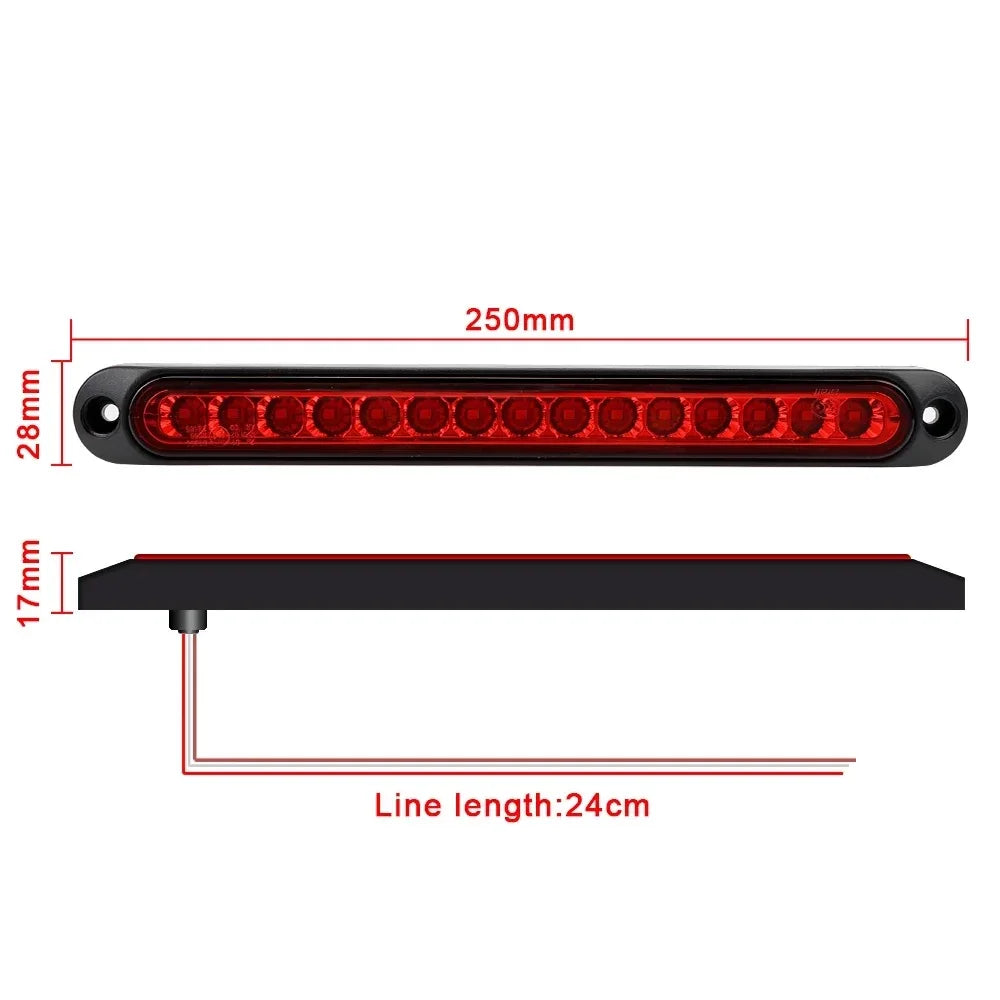 Black LED light bar with 18 red lights, measuring 250mm long and 28mm high.