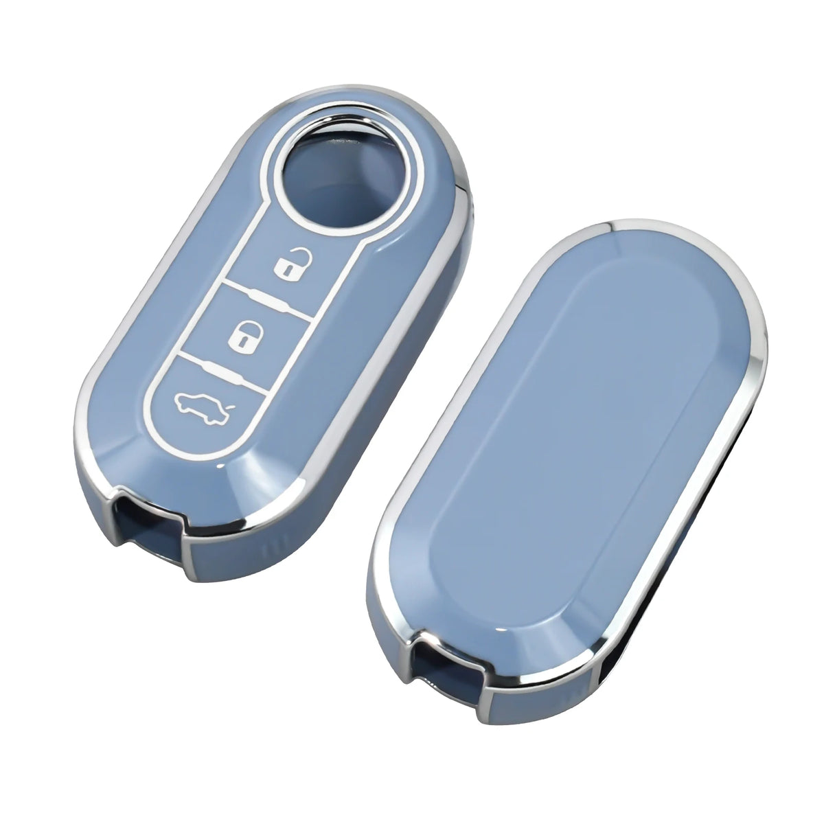 Housse de clé en cuir de luxe bleu clair avec trois découpes pour Fiat, Citroën et Lancia.