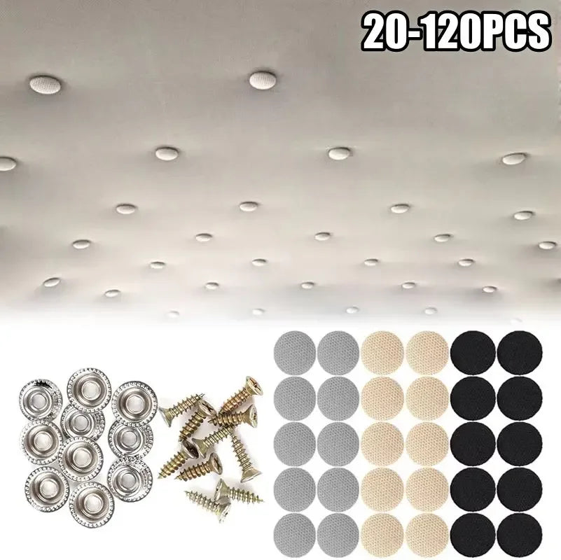 A collection of 20-120 pieces of car roof interior trim clips and fasteners with screw caps in various shades of silver, blac
