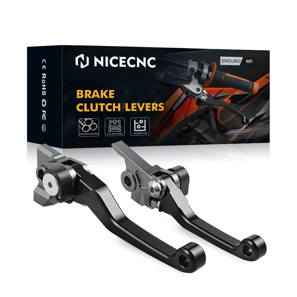 Set of black precision aluminum brake and clutch levers for off-road bikes packaged in a box.