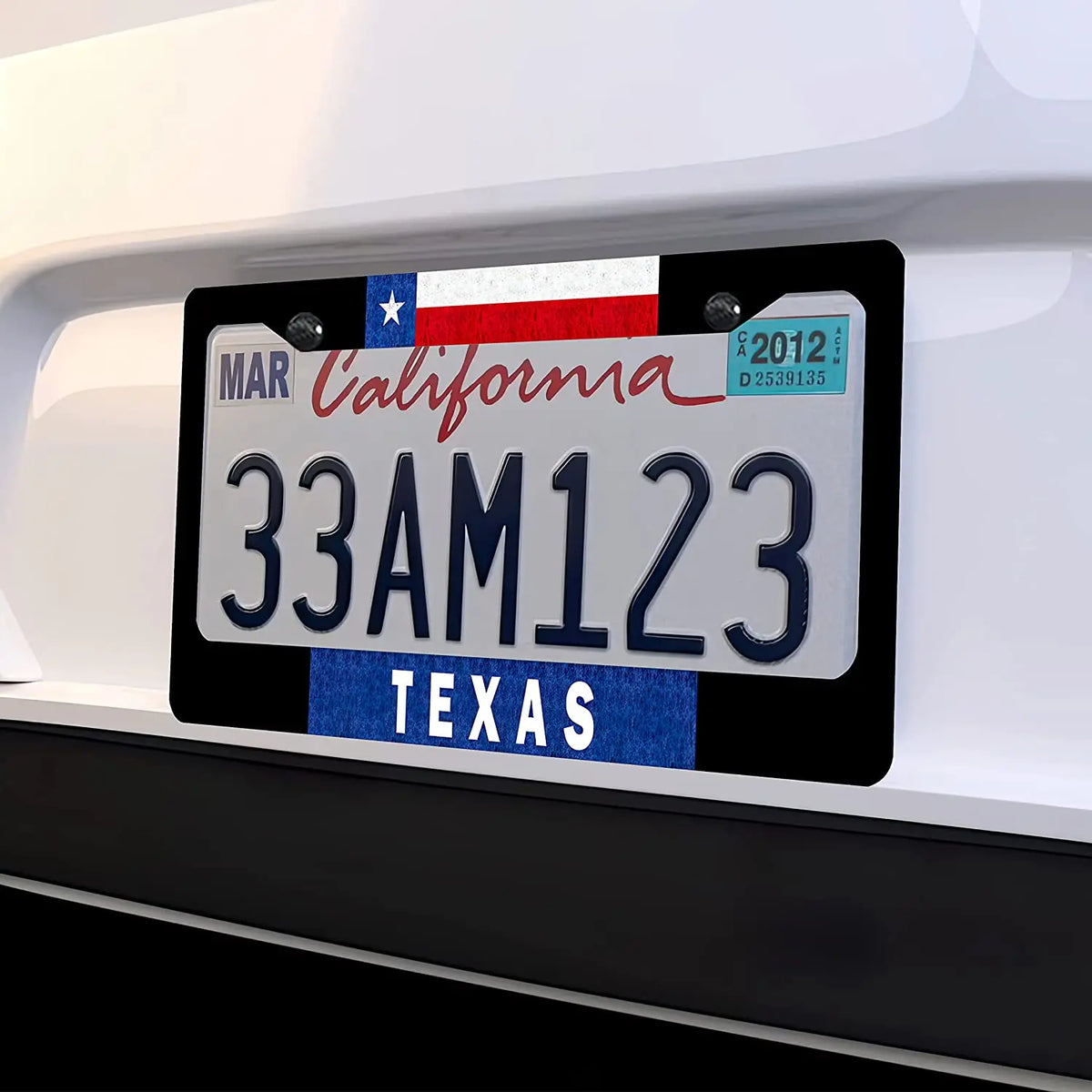 A black license plate frame displaying a California plate with the number 33AM123 and the state of Texas.