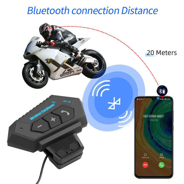 A motorcycle helmet is shown connected via Bluetooth to a wireless earphone and a smartphone.