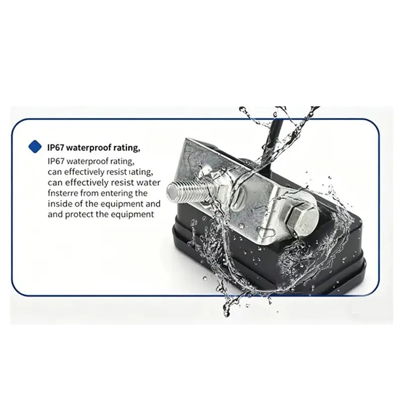 A motorcycle spotlight headlight is shown being tested for its IP67 waterproof rating by water spray.