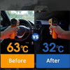 Comparison of a car interior temperature before and after using a foldable windshield sunshade.