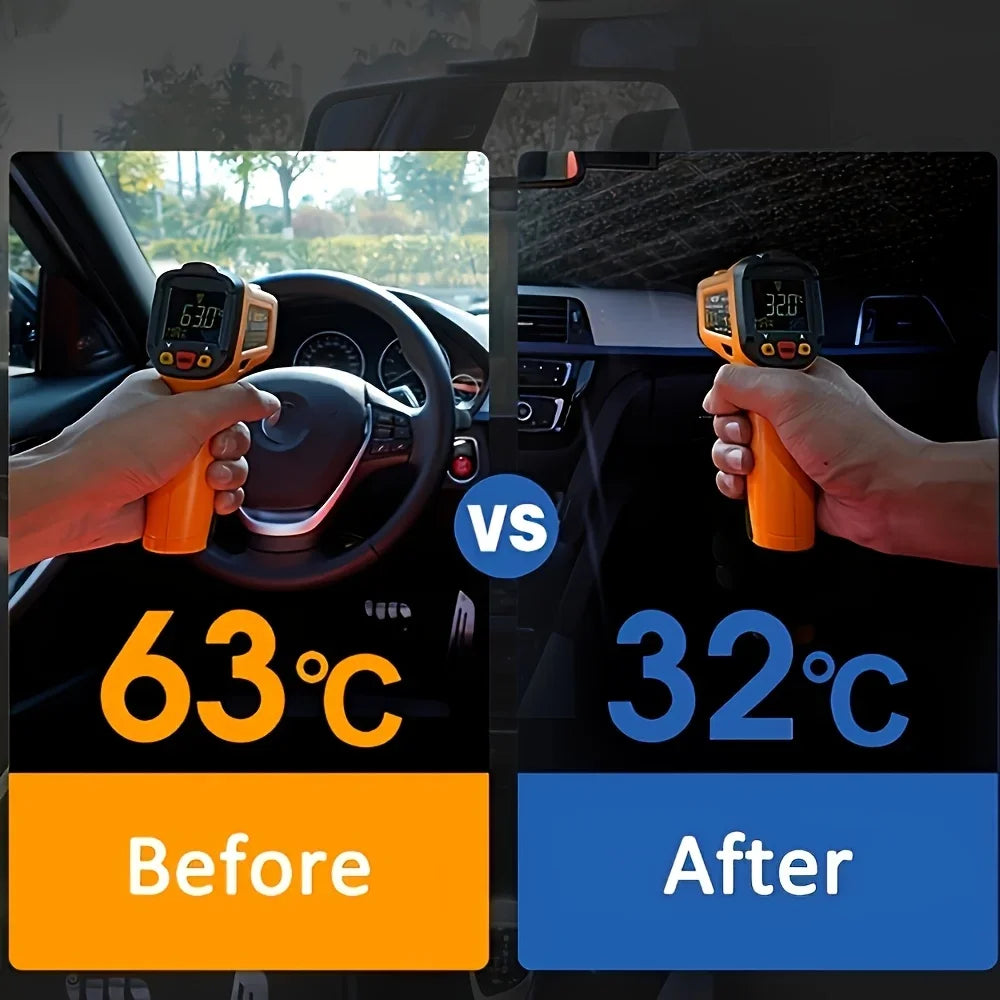 Comparison of a car interior temperature before and after using a foldable windshield sunshade.