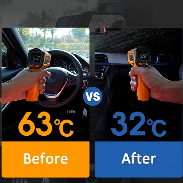 Comparison of a car interior temperature before and after using a foldable windshield sunshade.