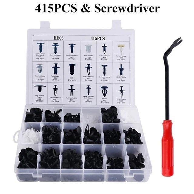 A plastic storage box containing 415 pieces of screwdriver and fastener clips with a screwdriver tool.