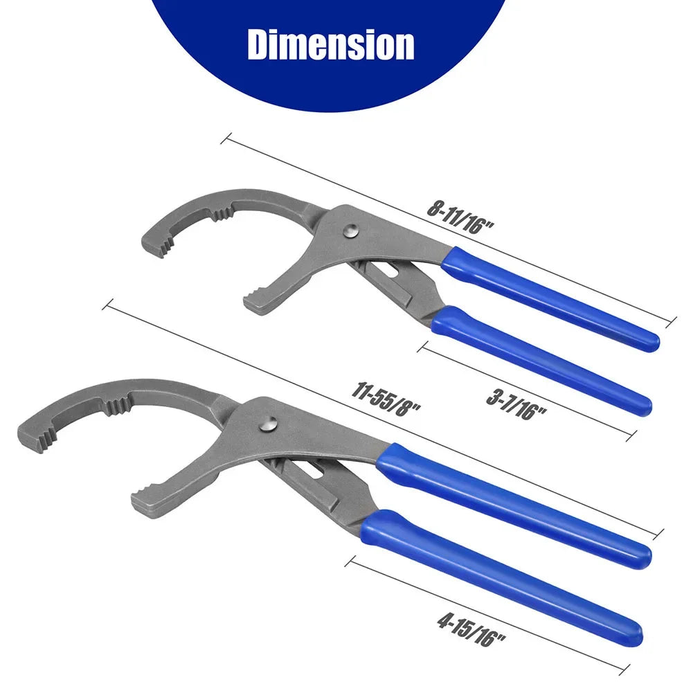 Image showing three sizes of adjustable oil filter pliers or wrenches with blue handles and gray jaws.