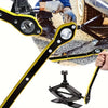 A close-up view of a black and yellow heavy-duty ratchet wrench used for tire and jack maintenance.