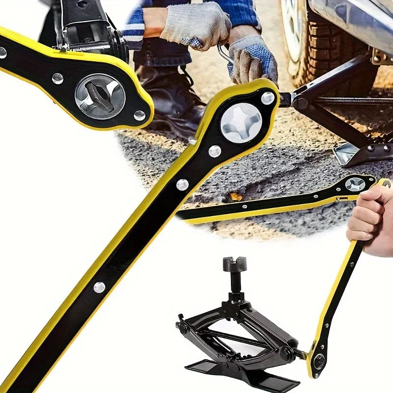A close-up view of a black and yellow heavy-duty ratchet wrench used for tire and jack maintenance.