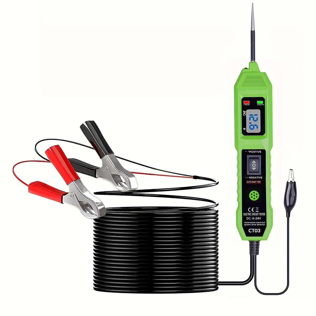 Digitales Auto-Schaltkreis-Tester in grün mit LED-Spannungsanzeige und schwarzem Spulenkabel.