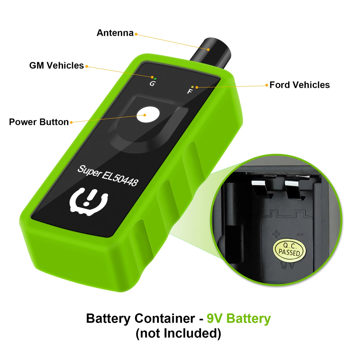A green battery container tool used for relearning TPMS on Ford and GM vehicles.