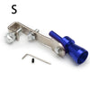 A silver and blue universal turbo exhaust whistle assembly with mounting hardware and a small metal rod.